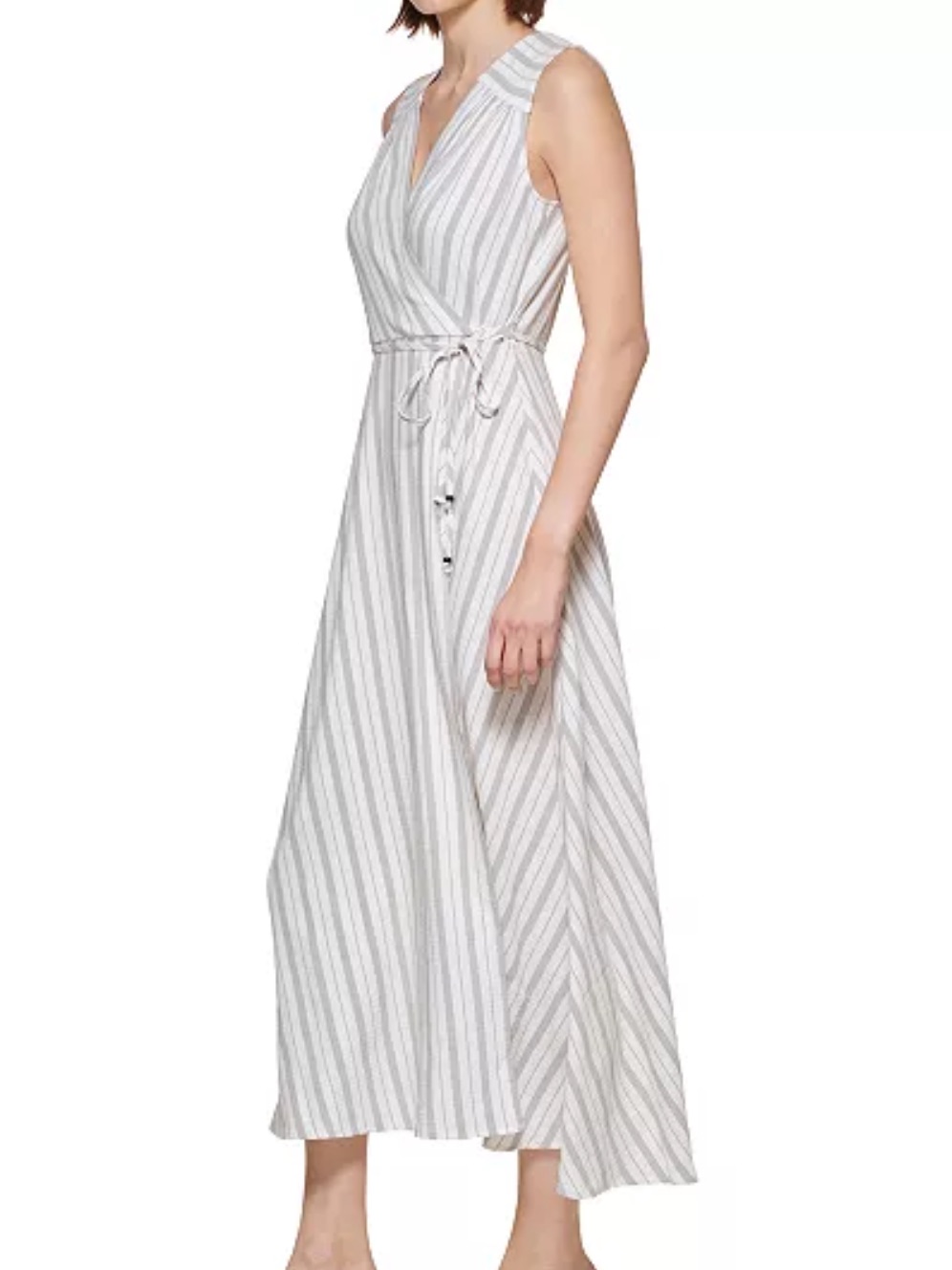 Calvin Klein Grey And White Striped Sleeveless Maxi Dress